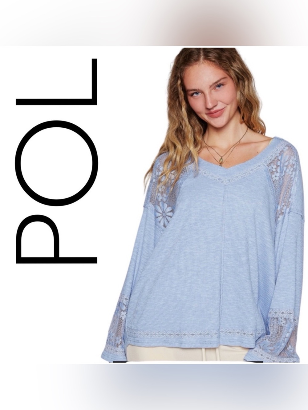 POL NWOT Light Blue Lace-Trim V-Neck Pullover